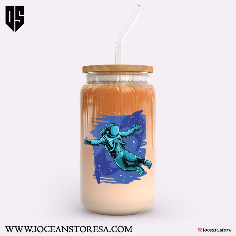Glass cup with wooden lid and glass straw