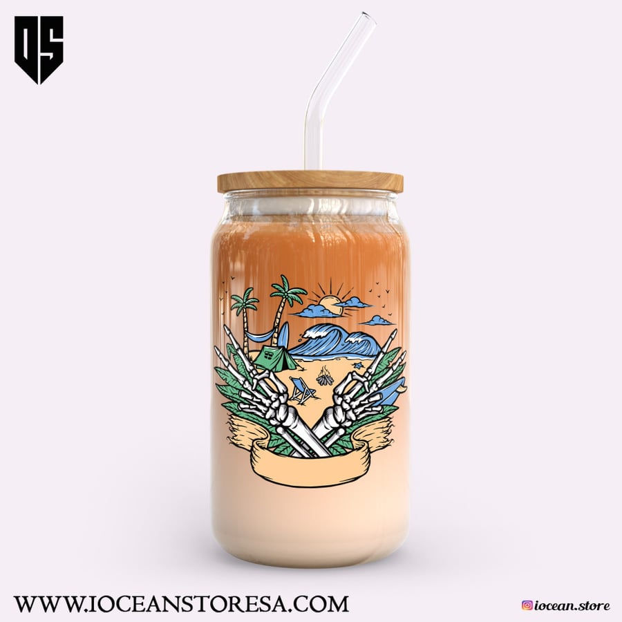 Glass cup with wooden lid and glass straw