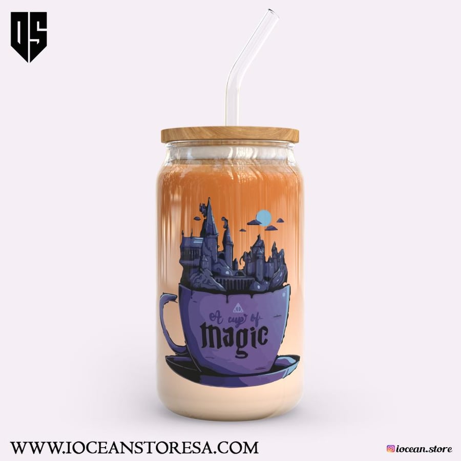 كوب زجاجي بغطاء خشبي و مزاز زجاجي هاري بوتر - harry potter