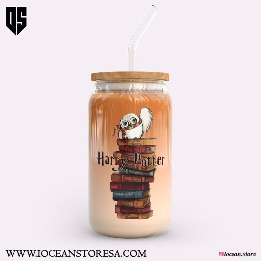 كوب زجاجي بغطاء خشبي و مزاز زجاجي هاري بوتر  - harry potter