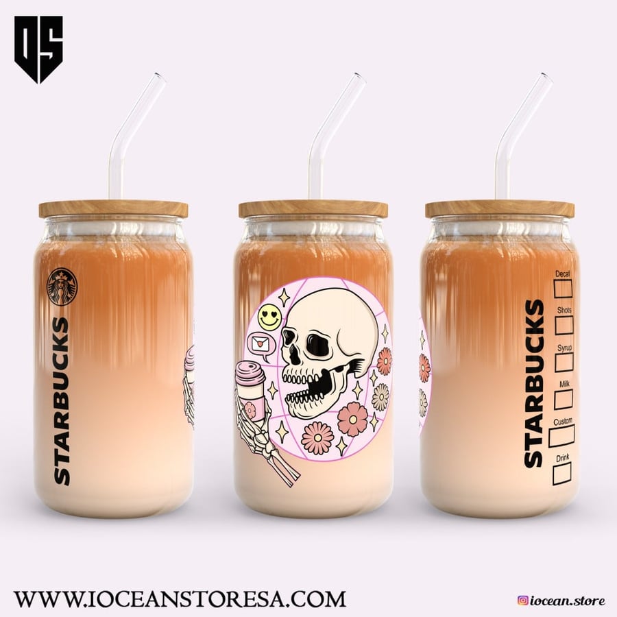 Glass cup with wooden lid and glass straw