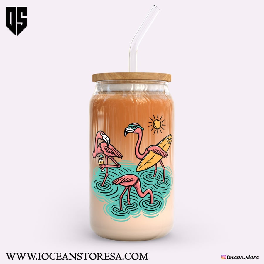 Glass cup with wooden lid and glass straw