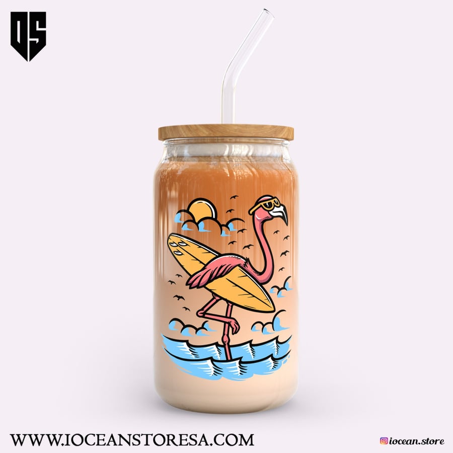Glass cup with wooden lid and glass straw