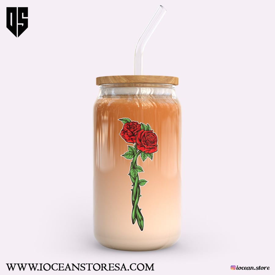 Glass cup with wooden lid and glass straw