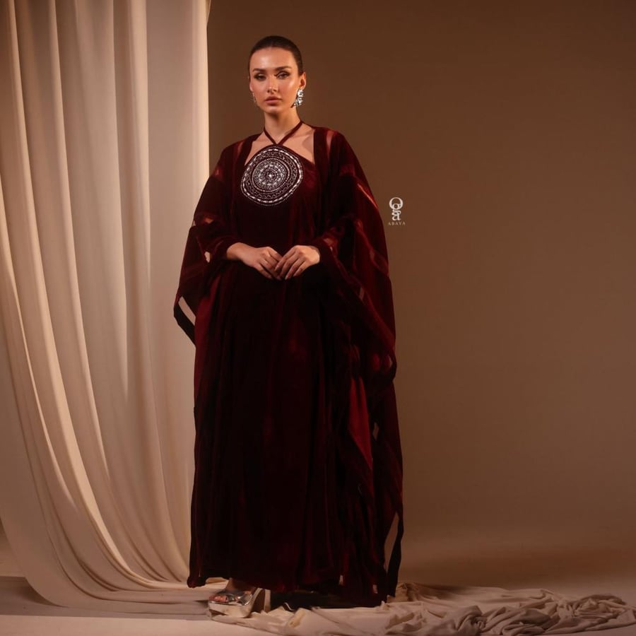 Abaya in maroon with circle design and hand embroidery