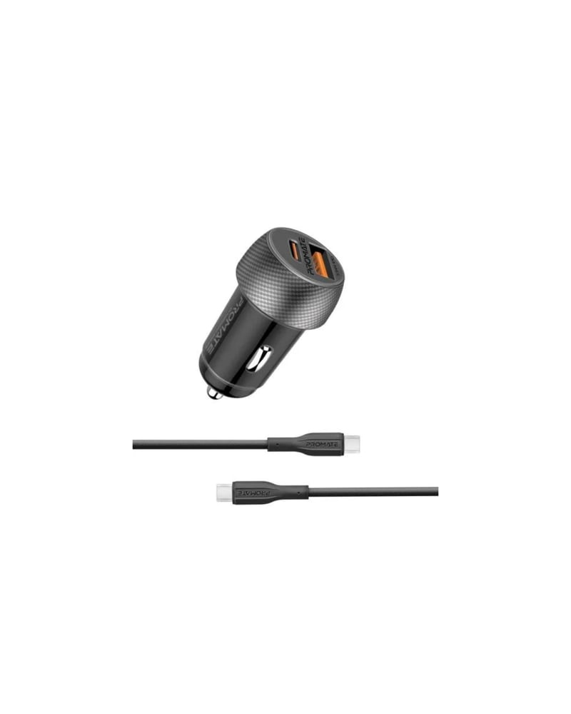 Promate شاحن سيارة ثنائي المنافذ بقدرة 33 واط بتقنية الشحن السريع مع كابل USB-C للشحن