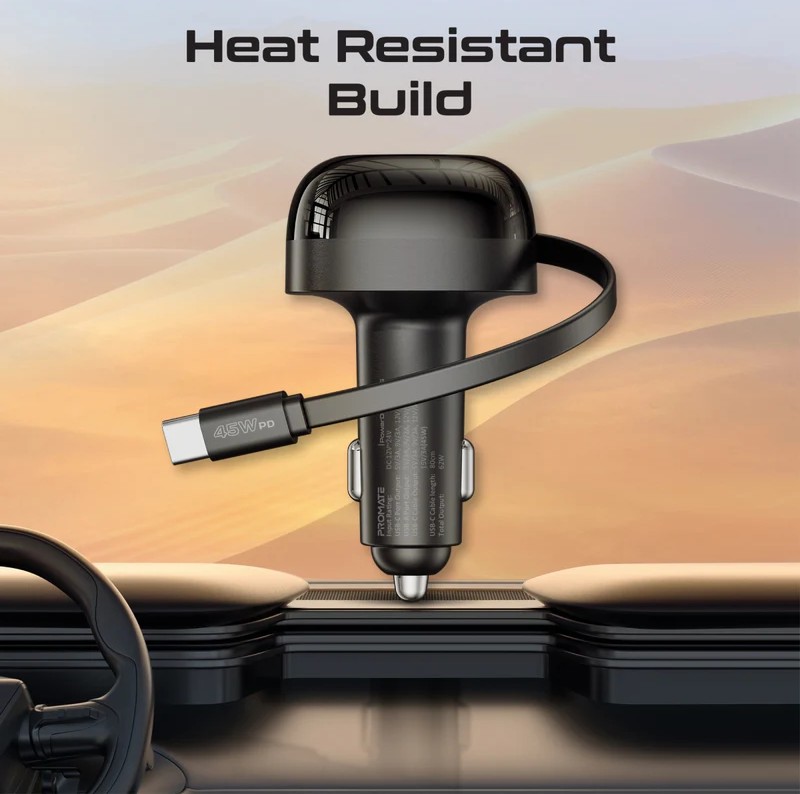 Promate شاحن سيارة متعدد المنافذ بقدرة 62 واط مع كابل USB-C قابل للسحب