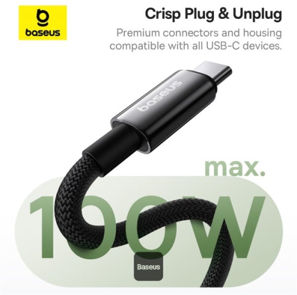 Baseus Tungsten Gold كابل USB-C إلى USB-C مغناطيسي 100 واط PD بطول 1 متر – أسود