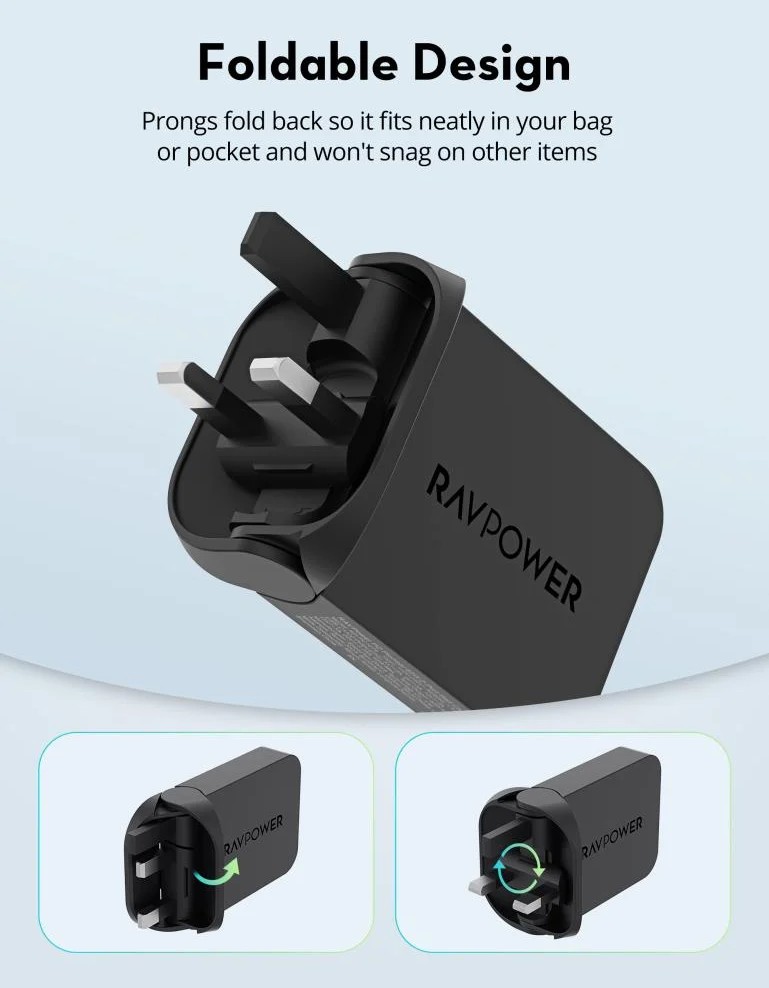 شاحن حائط RAVPower Slim بقوة 65 واط بمنفذي Type-C - أسود