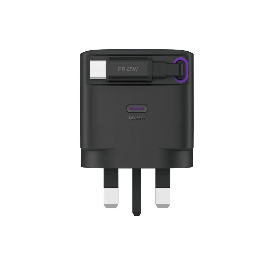 شاحن جداري JODA VoltDock 45 GaN بقوة 45W مع كابل USB-C قابل للسحب