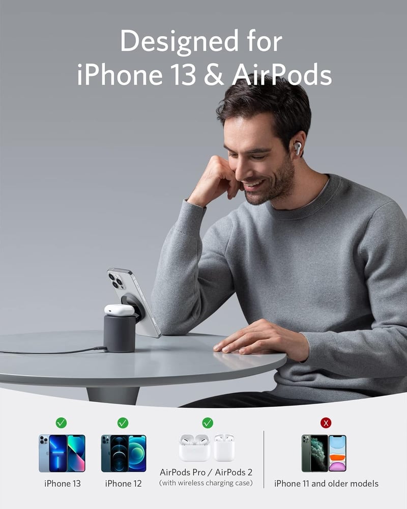 شاحن 623 لاسلكي مغناطيسي من انكر (ماج جو)، شاحن 2 في 1، شاحن USB-C20 واط