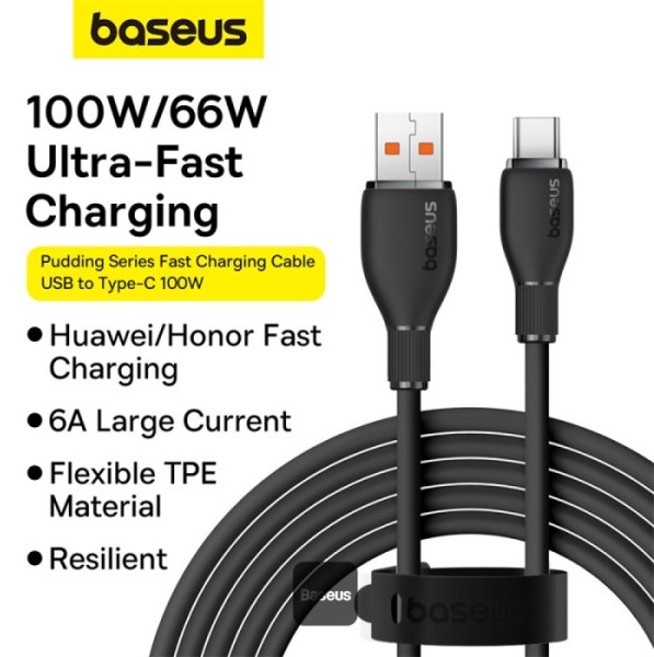 كابل شحن سريع من سلسلة Baseus Pudding مع نقل بيانات عالي السرعة USB-A إلى Type-C 100W 6A 1.2M - أسود