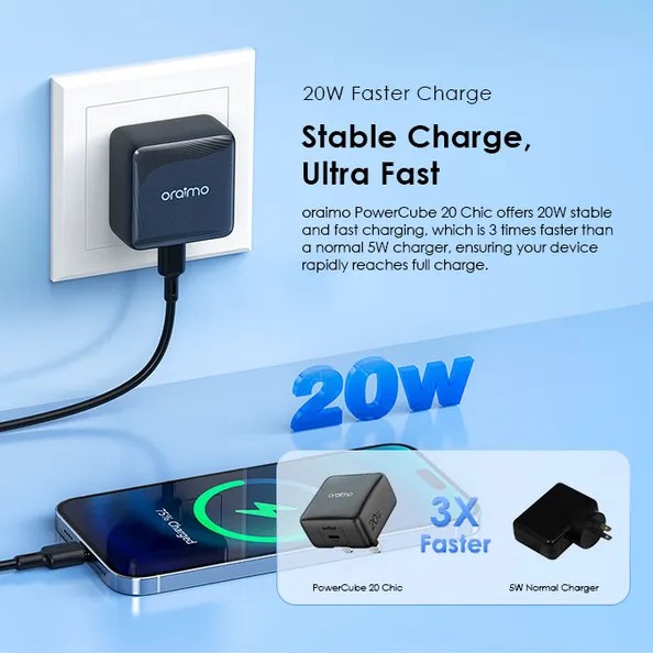 شاحن جداري oraimo مجموعة شاحن حائط PowerCube 20 Chic 20W GaN مع كيبل تايب سي - تايب سي