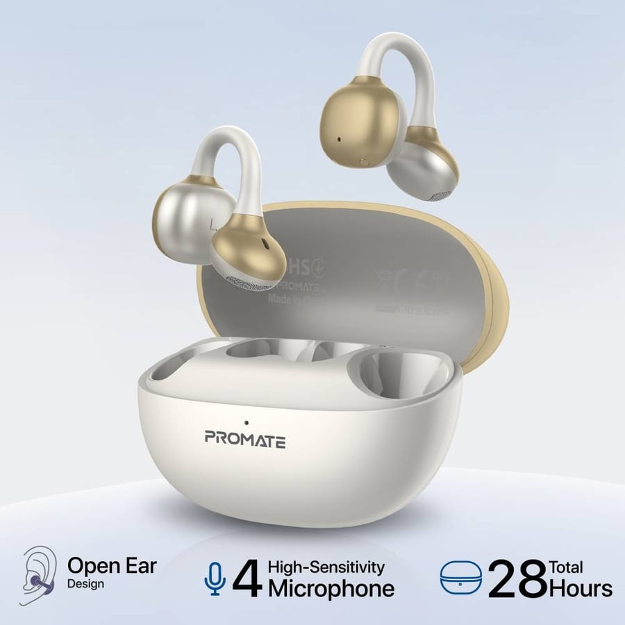 Promate - سماعات أذن ستيريو لاسلكية حقيقية مفتوحة الأذن AudioFit™ مع تقنية IntelliTouch