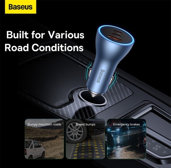 Baseus Golden Contactor Pro شاحن سيارة سريع 65 واط – 2 USB-C وUSB-A - أزرق