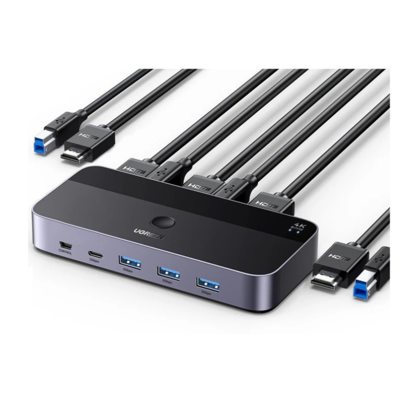 مفتاح UGREEN 15707 USB 3.0 KVM يدعم دقة 4K بمعدل 60 هرتز، نقل عالي السرعة، مشاركة 3 منافذ USB + منفذ Type-C واحد للوحة المفاتيح والماوس والأقراص الصلبة والطابعة إلى شاشة واحدة، مفتاح HDMI KVM مزود بكابلين USB وكابلين HDMI.