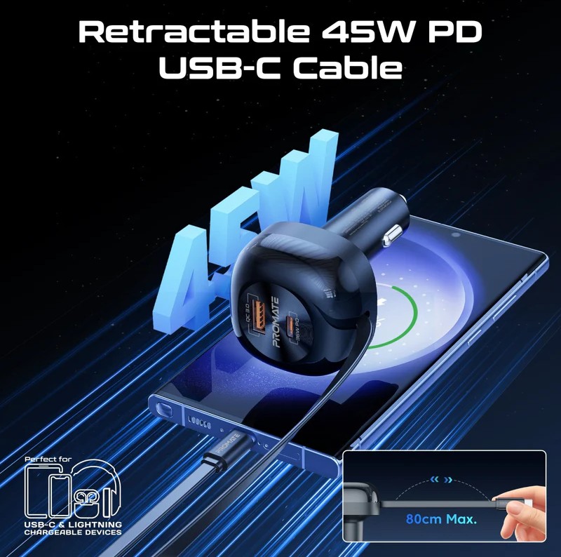 Promate شاحن سيارة متعدد المنافذ بقدرة 62 واط مع كابل USB-C قابل للسحب