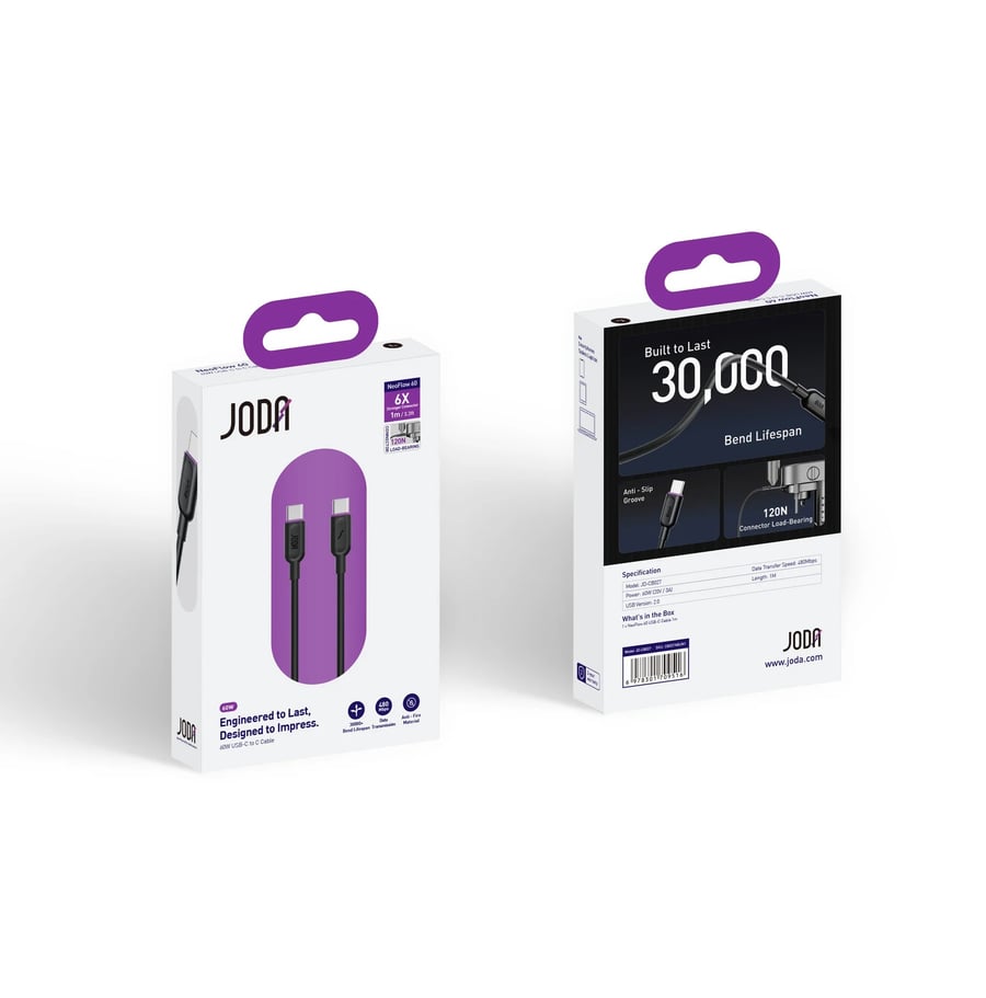كيبل JODA NeoFlow 60W USB-C إلى USB-C بطول 1 متر – أسود