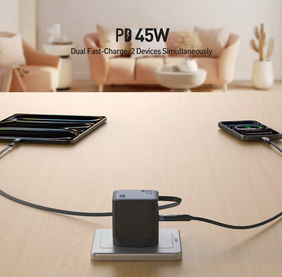 شاحن جداري JODA VoltDock 45 GaN بقوة 45W مع كابل USB-C قابل للسحب