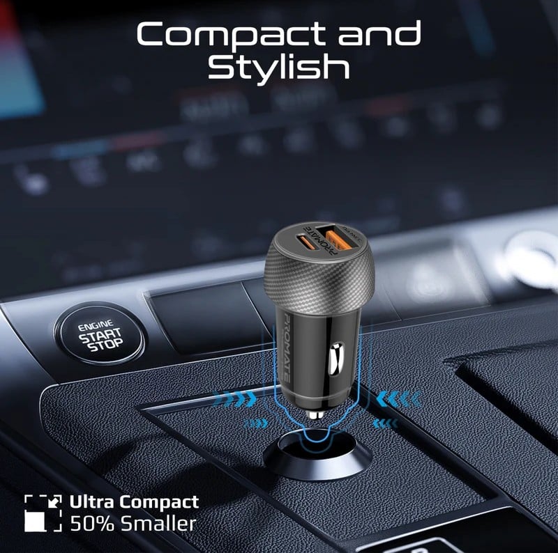 Promate شاحن سيارة ثنائي المنافذ بقدرة 33 واط بتقنية الشحن السريع مع كابل USB-C للشحن