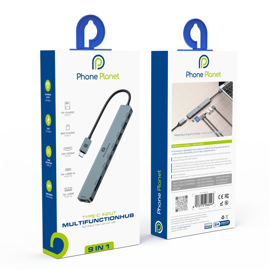 فون بلانت - موزع 9 في 1 USB-C - HDMI+SD+TF+USB+PD