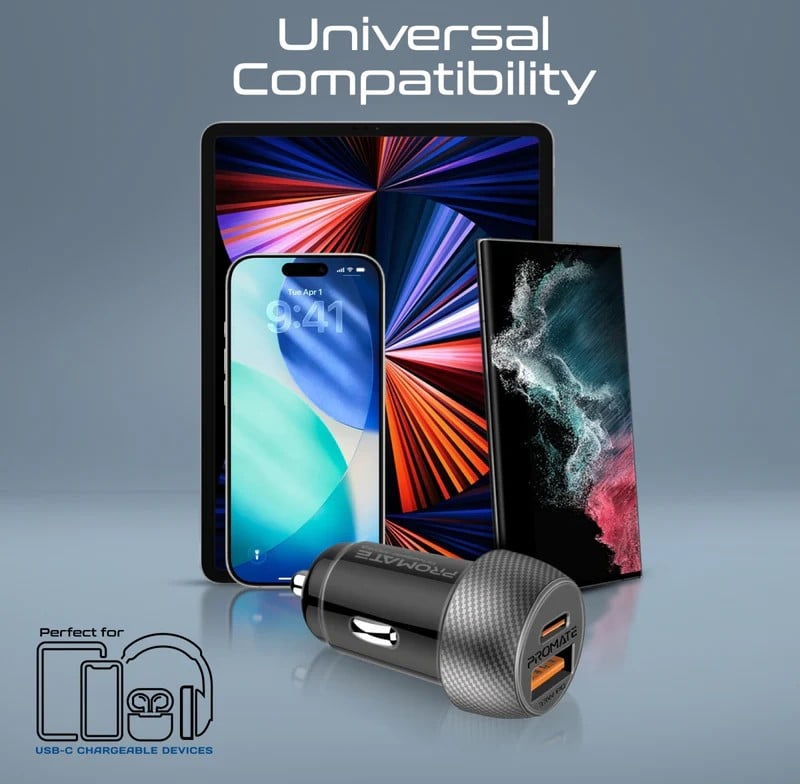 Promate شاحن سيارة ثنائي المنافذ بقدرة 33 واط بتقنية الشحن السريع مع كابل USB-C للشحن