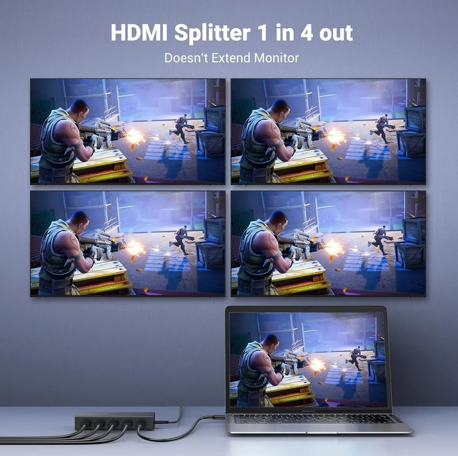 موزع HDMI رباعي المنافذ من UGREEN، يدعم دقة 4K بمعدل 60 هرتز، منفذ HDMI 2.0، مدخل واحد، أربعة مخارج، عرض نطاق ترددي 18 جيجابت في الثانية، يدعم دقة UHD وFull HD وتقنية 3D، متوافق مع أجهزة العرض والتلفزيونات وأجهزة العرض.