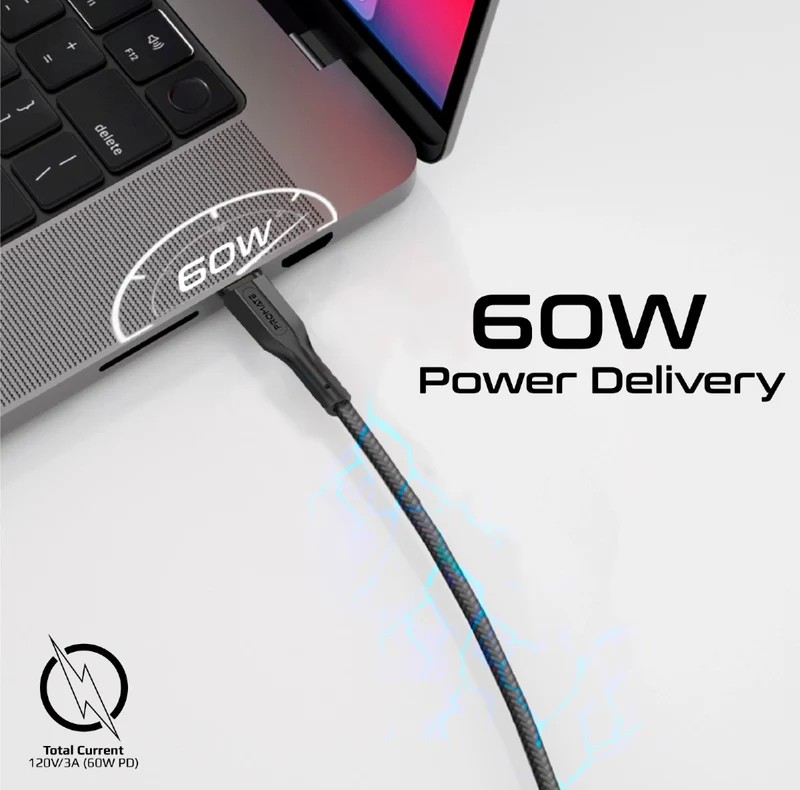 Promate مجموعة كابلات USB-C عالية المتانة لنقل البيانات والشحن، 3 قطع