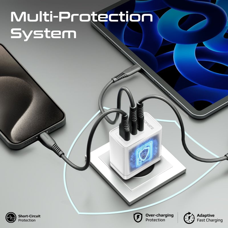 شاحن جداري Promate PowerPort-45 GaN بقدرة 45 واط – 3 منافذ