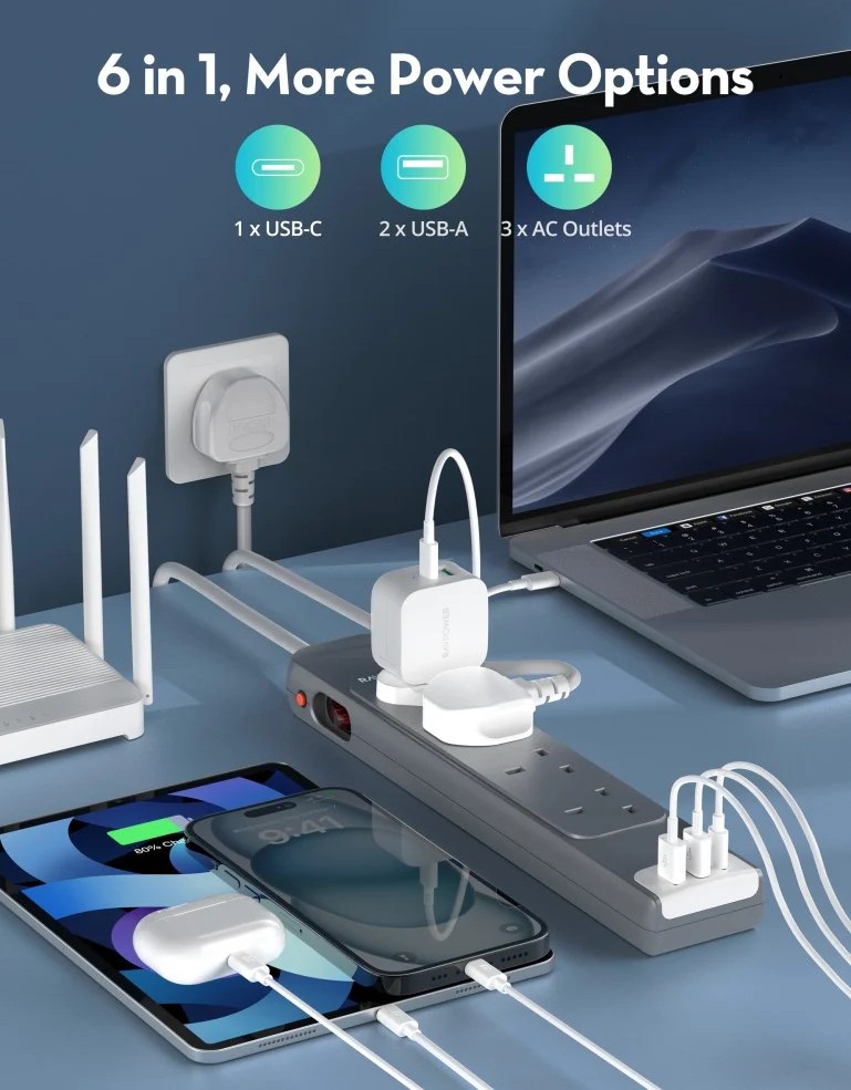 توصيلة راف باور 4 منافذ طاقة ومنفذين USB-A ومنفذ USB-C بطول 3 متر