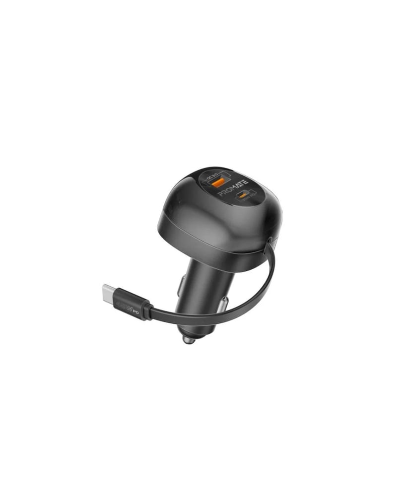 Promate شاحن سيارة متعدد المنافذ بقدرة 62 واط مع كابل USB-C قابل للسحب