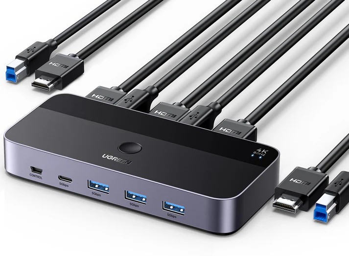 مفتاح UGREEN 15707 USB 3.0 KVM يدعم دقة 4K بمعدل 60 هرتز، نقل عالي السرعة، مشاركة 3 منافذ USB + منفذ Type-C واحد للوحة المفاتيح والماوس والأقراص الصلبة والطابعة إلى شاشة واحدة، مفتاح HDMI KVM مزود بكابلين USB وكابلين HDMI.