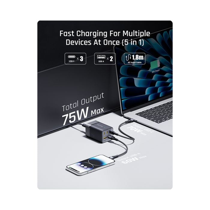 شاحن جداري ڤولتمي VITO GO EZ Travel بقدرة 75 واط مع كيبل – 3 USB-C و2 USB – رمادي