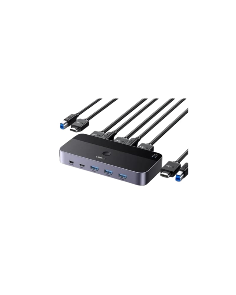 مفتاح UGREEN 15707 USB 3.0 KVM يدعم دقة 4K بمعدل 60 هرتز، نقل عالي السرعة، مشاركة 3 منافذ USB + منفذ Type-C واحد للوحة المفاتيح والماوس والأقراص الصلبة والطابعة إلى شاشة واحدة، مفتاح HDMI KVM مزود بكابلين USB وكابلين HDMI.