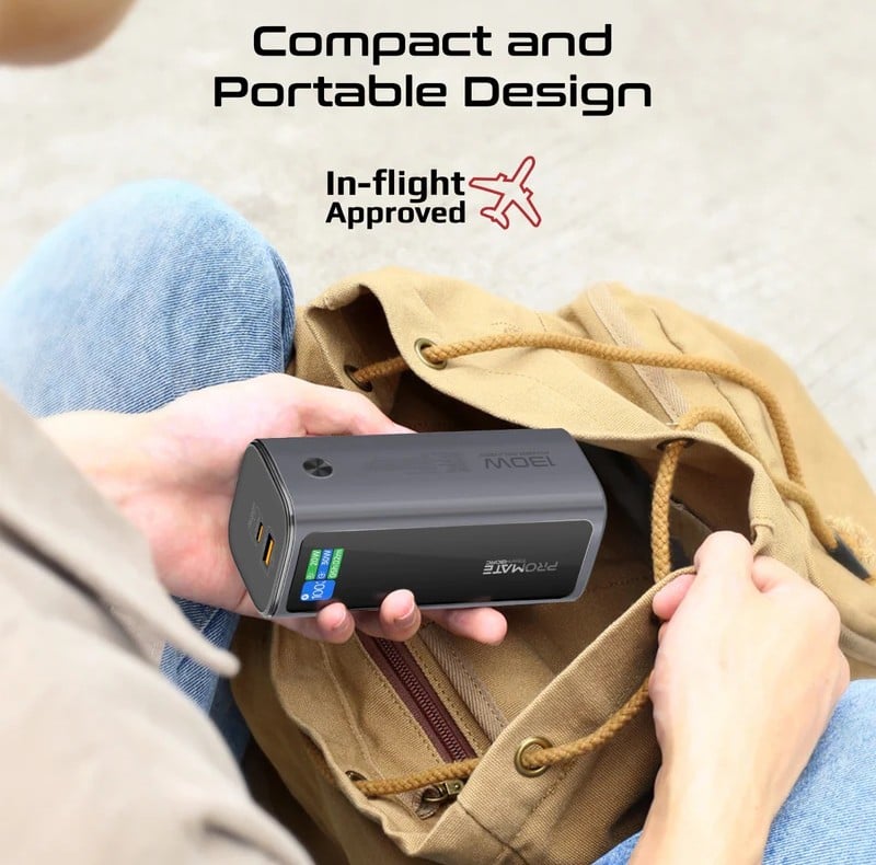 باور بانك Promate 20000mAh بقوة 130W بكيبل قابل للسحب وشاشة TFT
