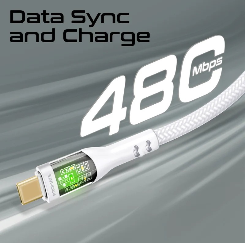 Promate كابل USB-C فائق السرعة بقدرة 60 واط مع غلاف شفاف