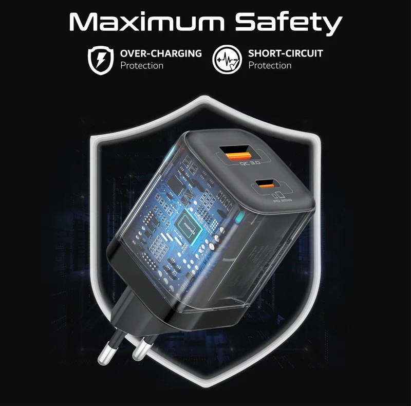 Promate محول طاقة ثنائي المنافذ بقدرة 25 واط مع كابل USB-C للشحن السريع بقدرة 60 واط