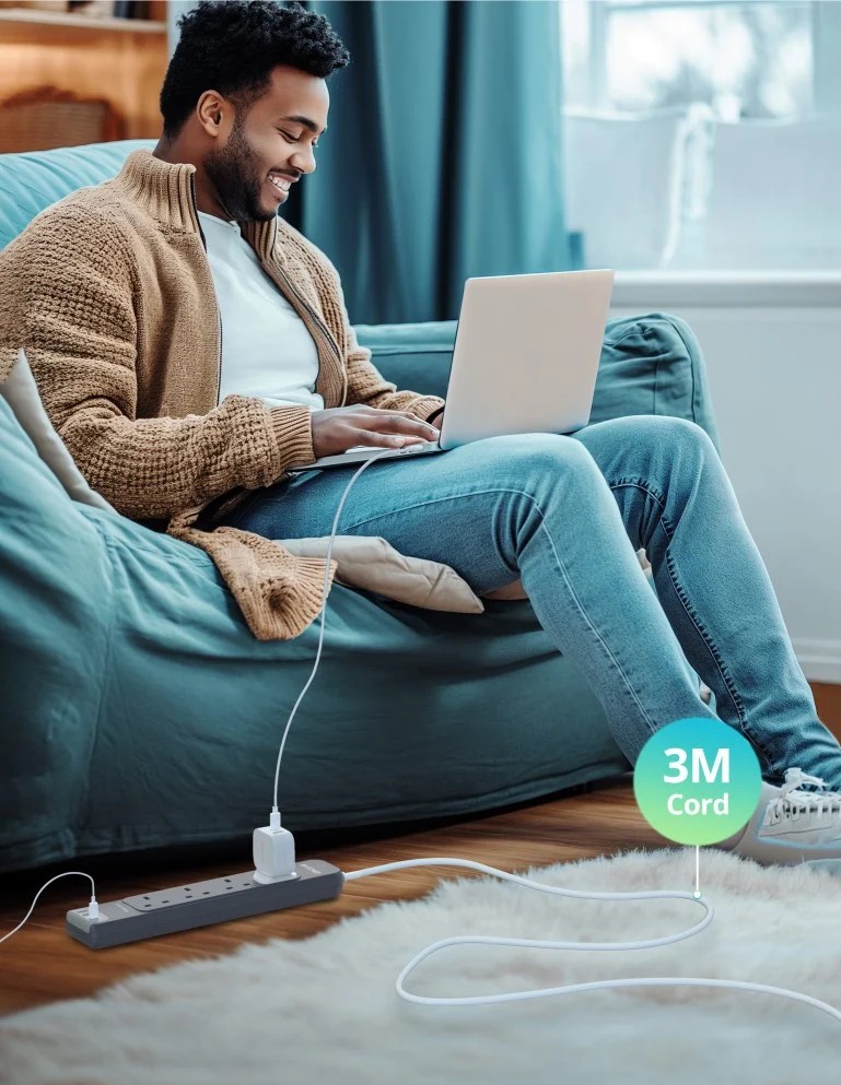 توصيلة راف باور 4 منافذ طاقة ومنفذين USB-A ومنفذ USB-C بطول 3 متر