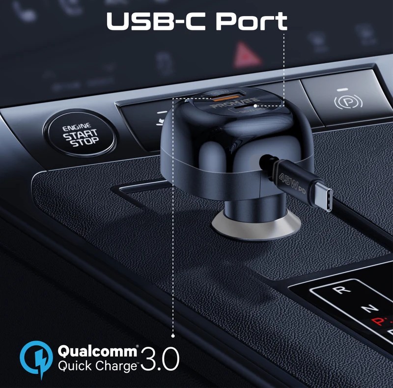 Promate شاحن سيارة متعدد المنافذ بقدرة 62 واط مع كابل USB-C قابل للسحب