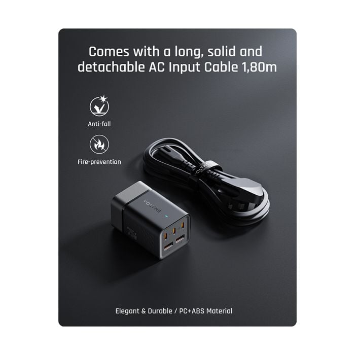 شاحن جداري ڤولتمي VITO GO EZ Travel بقدرة 75 واط مع كيبل – 3 USB-C و2 USB – رمادي