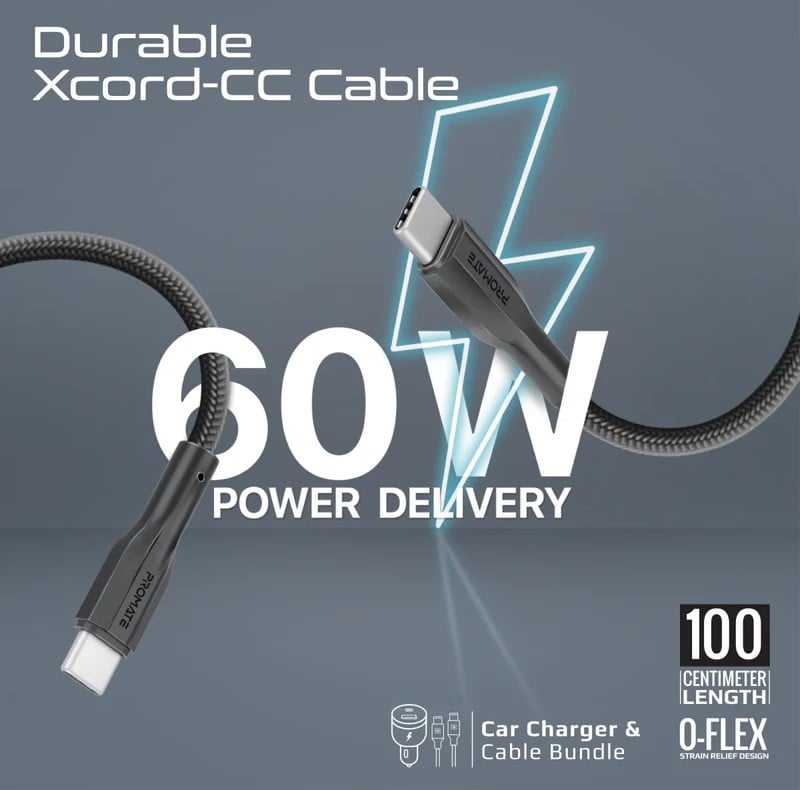 Promate شاحن سيارة ثنائي المنافذ بقدرة 33 واط بتقنية الشحن السريع مع كابل USB-C للشحن