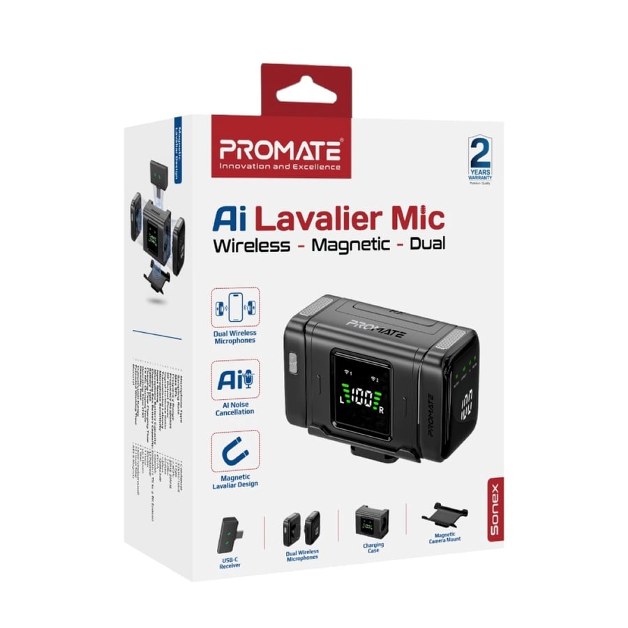 Promate Sonix ميكروفون لاسلكي مزدوج بتقنية AI لإلغاء الضوضاء ومدى 130 متر – iPhone وAndroid