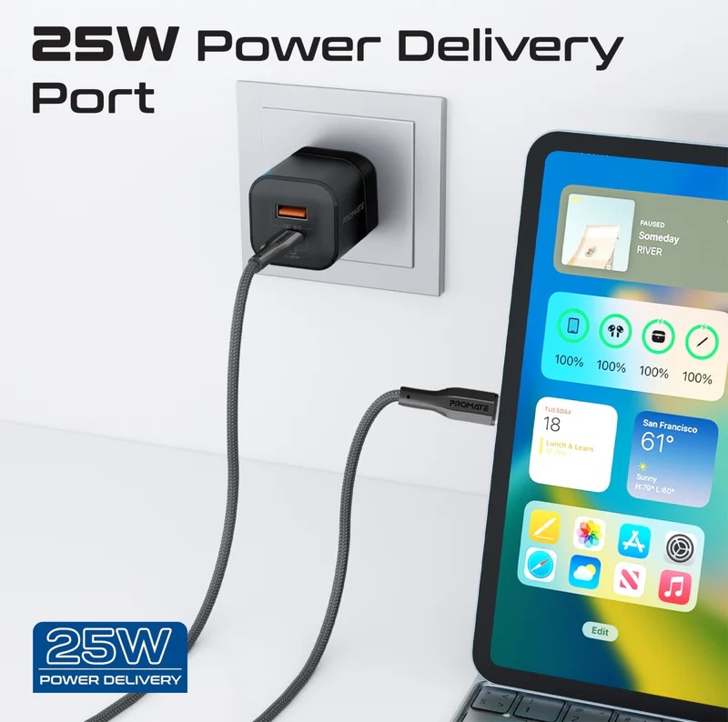 Promate محول طاقة ثنائي المنافذ بقدرة 25 واط مع كابل USB-C للشحن السريع بقدرة 60 واط
