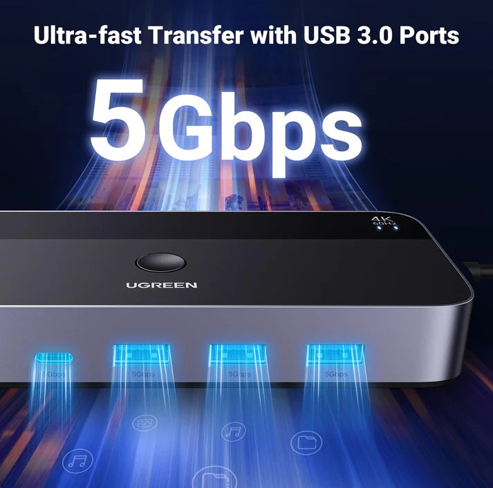 مفتاح UGREEN 15707 USB 3.0 KVM يدعم دقة 4K بمعدل 60 هرتز، نقل عالي السرعة، مشاركة 3 منافذ USB + منفذ Type-C واحد للوحة المفاتيح والماوس والأقراص الصلبة والطابعة إلى شاشة واحدة، مفتاح HDMI KVM مزود بكابلين USB وكابلين HDMI.