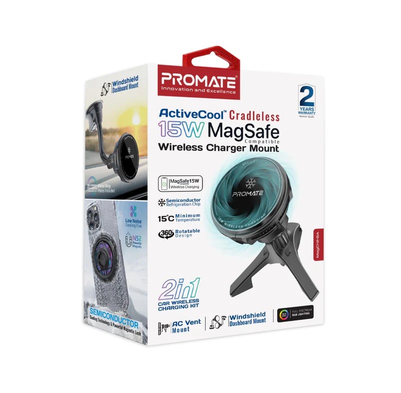 Promate حامل شاحن لاسلكي ActiveCool™ بدون قاعدة، بقدرة 15 واط، متوافق مع MagSafe