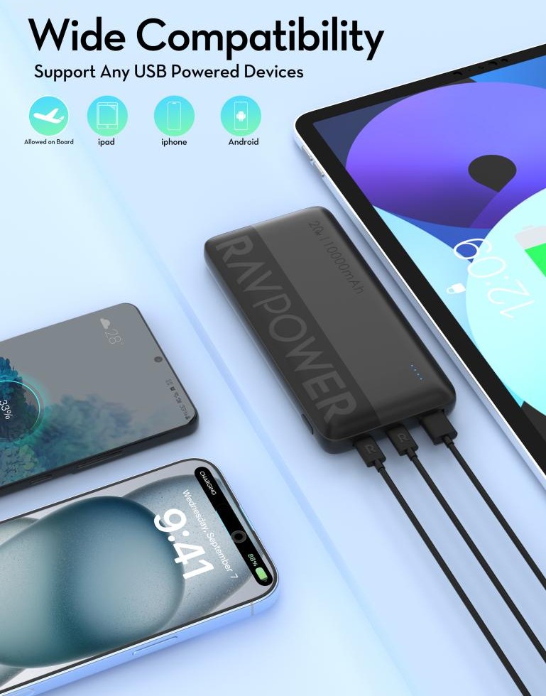 بكج RAVPower بطارية متنقلة 10000mAh 20W بشاشة عرض + شاحن سيارة Type-C 20W + كابل Type-C 60W