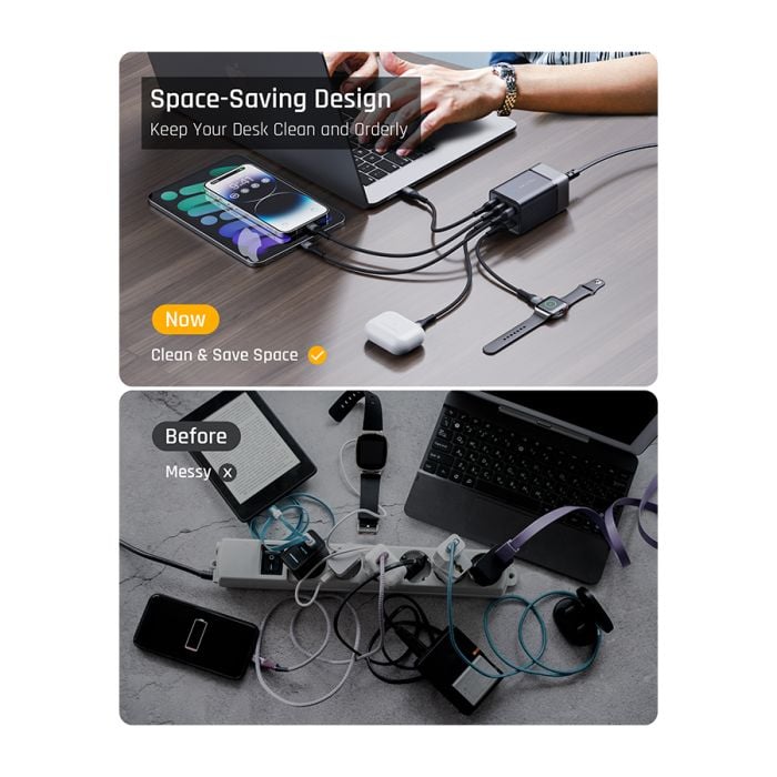 شاحن جداري ڤولتمي VITO GO EZ Travel بقدرة 75 واط مع كيبل – 3 USB-C و2 USB – رمادي