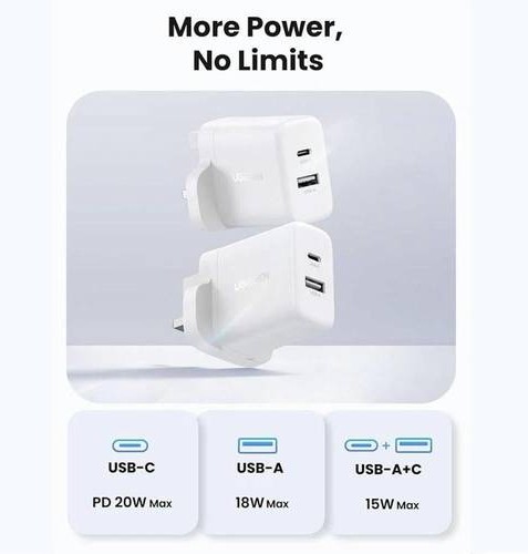 شاحن جداري من Ugreen مزود بمنافذ USB-C و USB بقوة 20 واط