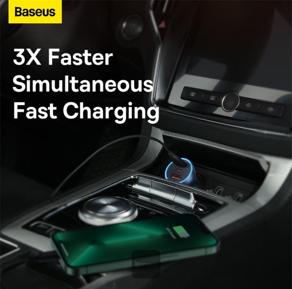Baseus Golden Contactor Pro شاحن سيارة سريع 65 واط – 2 USB-C وUSB-A - أزرق