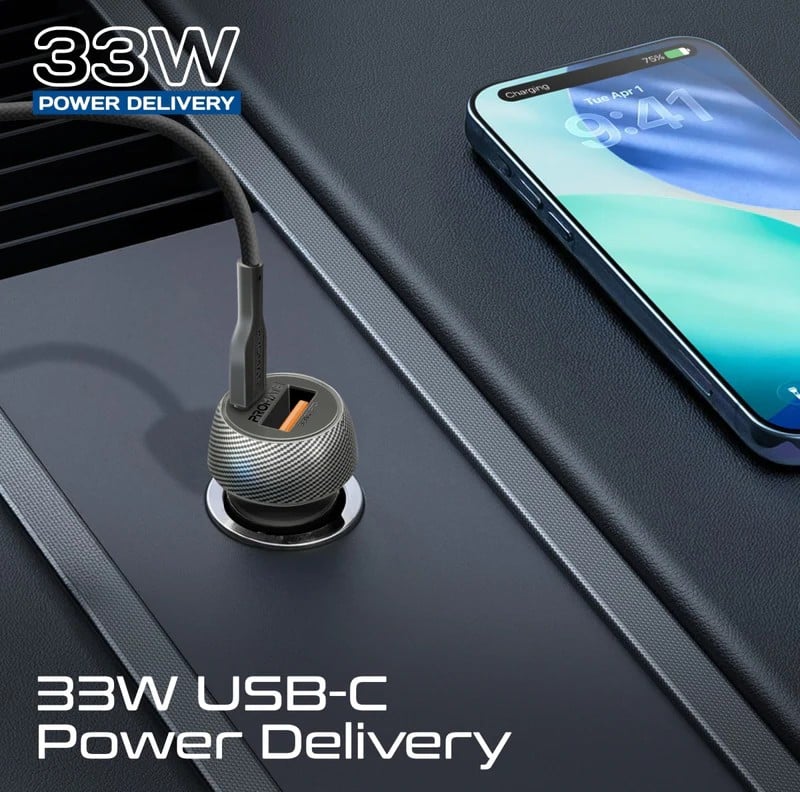 Promate شاحن سيارة ثنائي المنافذ بقدرة 33 واط بتقنية الشحن السريع مع كابل USB-C للشحن